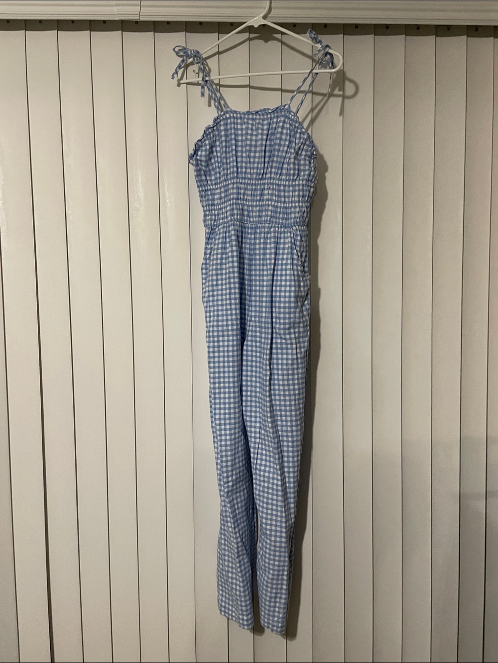 Sincerly Jules Light Blue Gingham Smocked Jumpsuit with adjustable Tie Straps